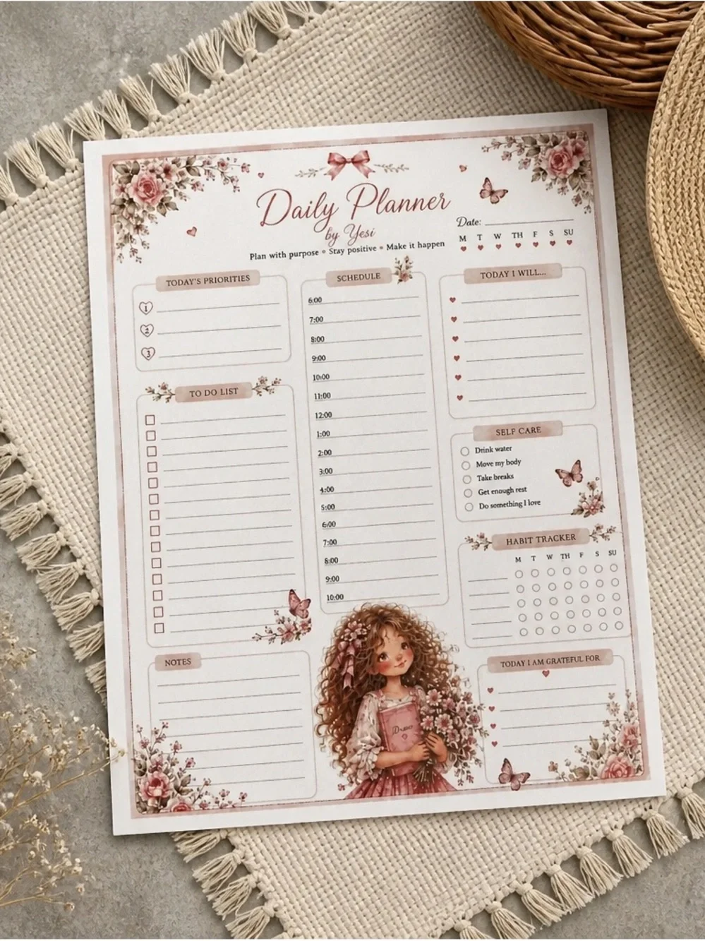 Daily Planner – Pink Floral Illustrated Notepad